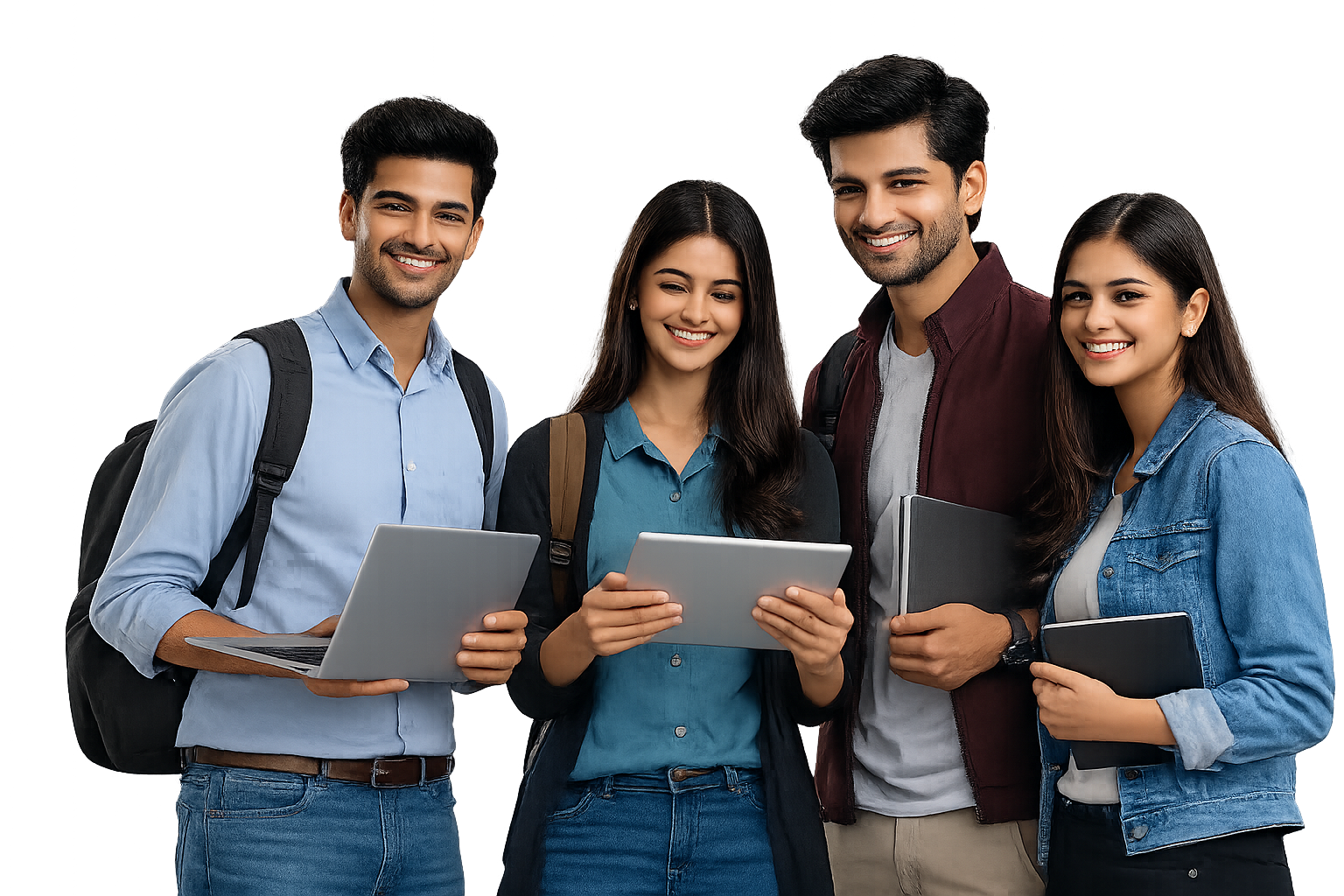 Group of Indian college students holding laptops and participating in career guidance activities